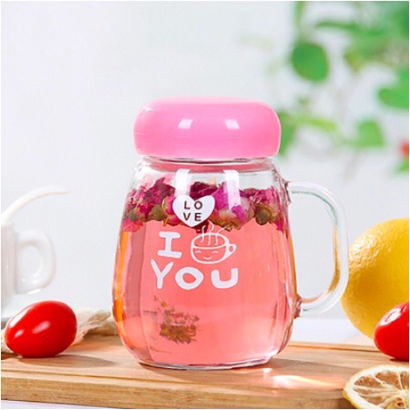 Gelas Love Mug Lucu/Mug Kaca Mini 350ml/Gelas tutup anti tumpah