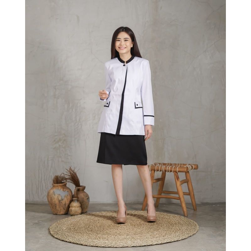 BAJU ASN PUTIH LIST HITAM MIRING  ROK PENDEK.BAHAN KATUN ROK PENDEK