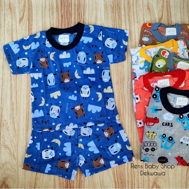 Tralala PRINTING setelan baju celana pendek anak warna motif mobil, animal hewan murah