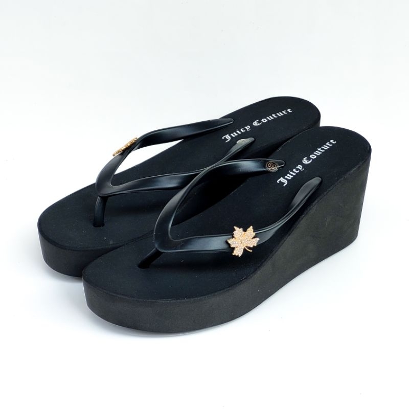 Juicy Couture Daun Maple Sandal Wanita Wedges Import Terbaru Korea Jepit Tinggi 7cm