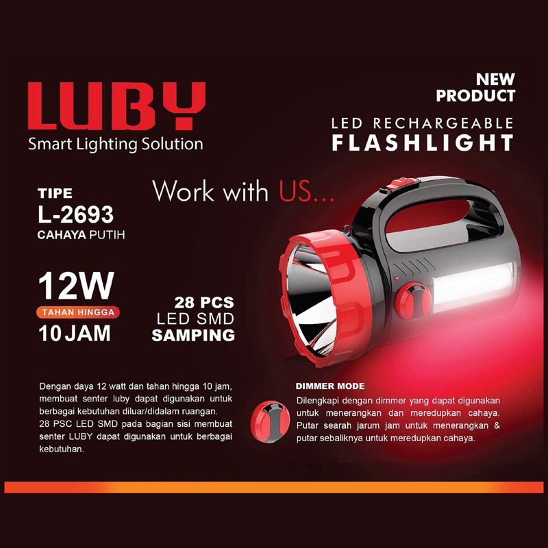 Senter Luby 12 watt Tahan Hingga 10 Jam Baterai Cas Ulang Cepat L 2693 Lampu Emergency LED
