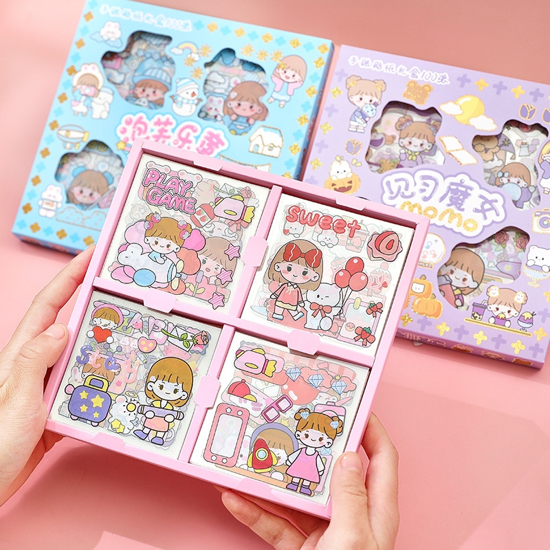 Pretty Sticker Momo 1 pack isi 100 Lembar Pcs Stiker Box Momo Stiker Motif Kartun Korea Lucu Anti Air Dekorasi DIY - Stiker Momo