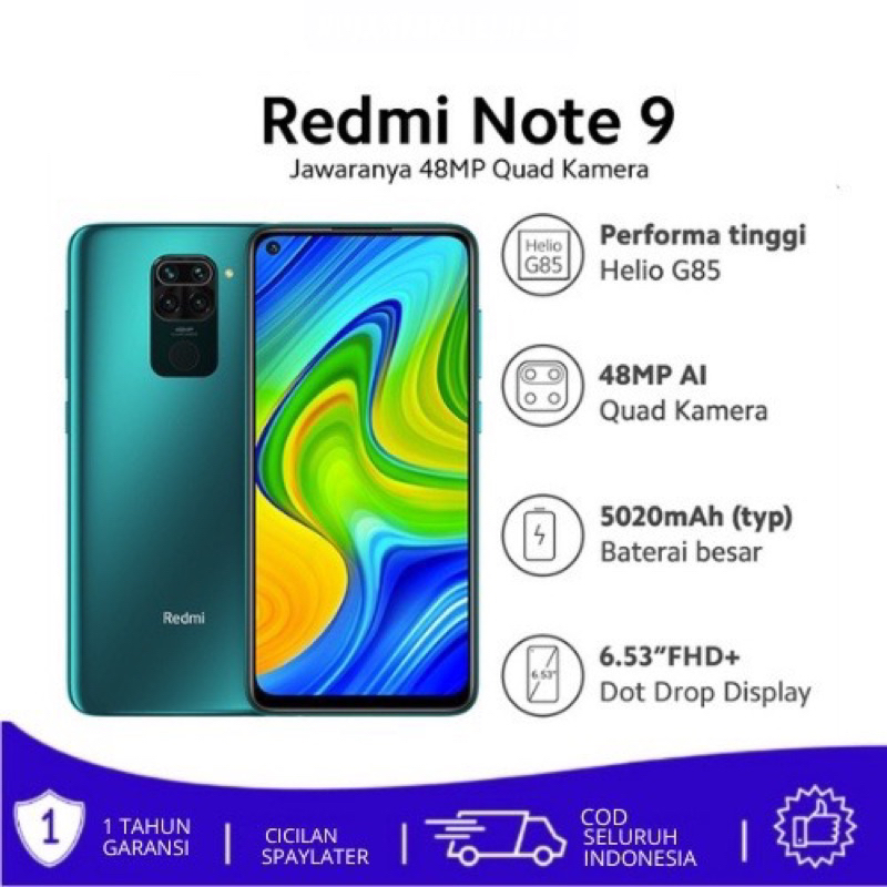 Xiaomi Redmi Note 9 4/64GB | 4/128GB & 6/128GB 4G LTE (Baru Garansi 1 Tahun)