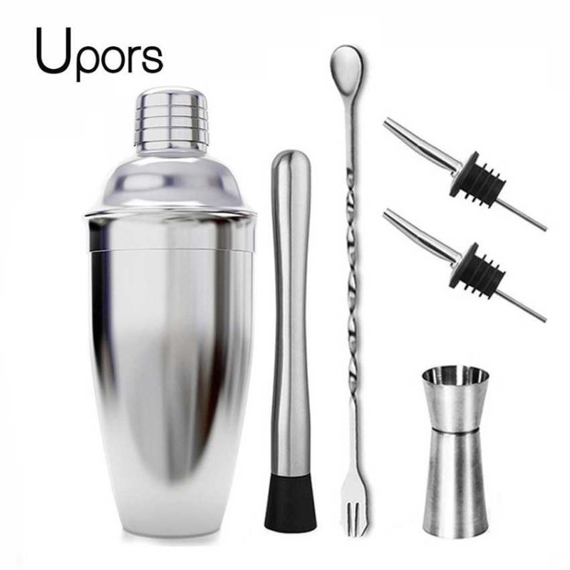 UPORS 6 in 1 Bartender Cobbler Cocktail Shaker Jigger Bar Spoon 750ml - BA016 stainless steel silver