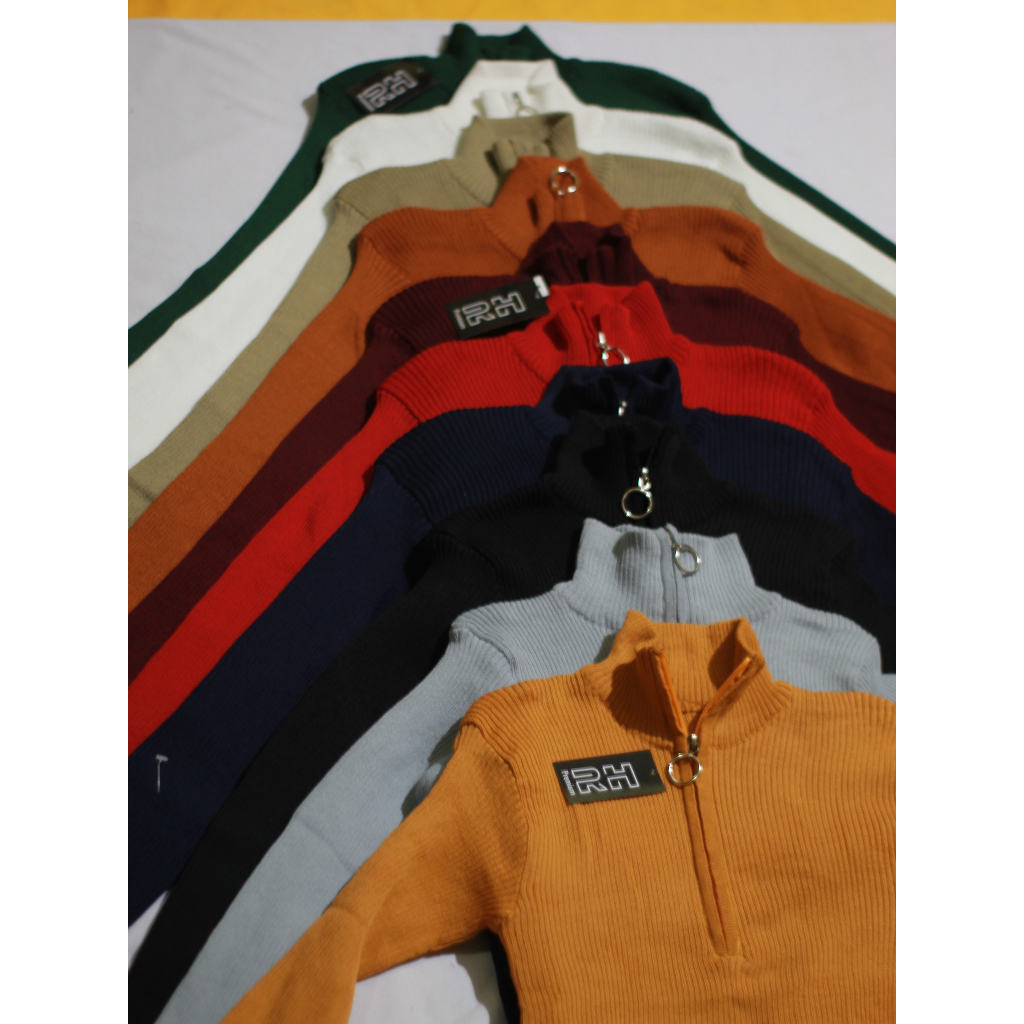 atasan rajut wanita lengan panjang RH kerah tinggi zipper salur sweater polos turtleneck resleting sweater rajut wanita