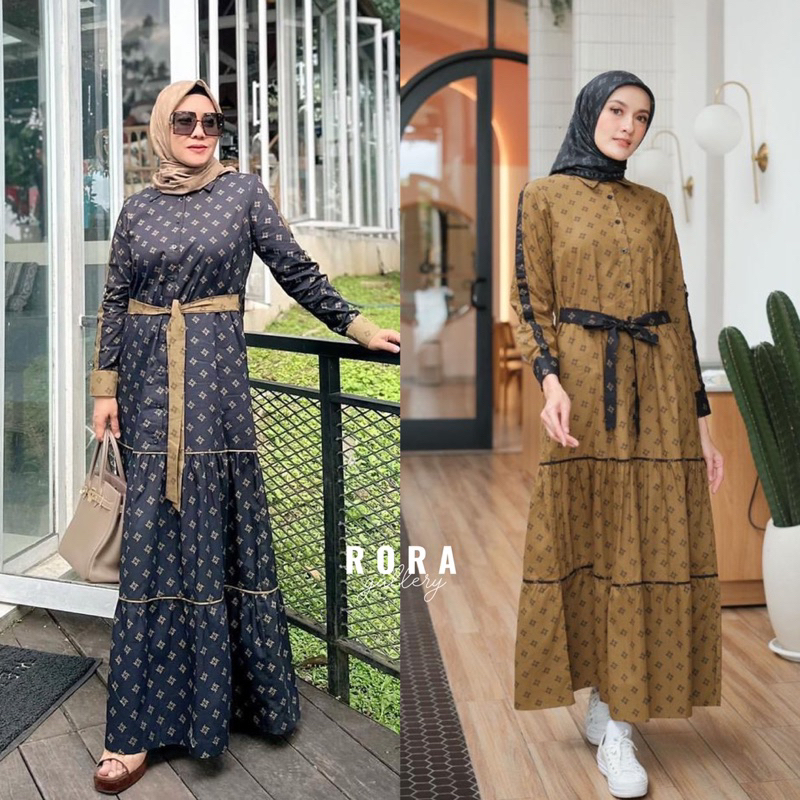 Korina MONO SABRINA DRESS | BLACK & OLIVE | GAMIS PANJANG KATUN MOTIF PRINTING MONOGRAM KORINA | Ror