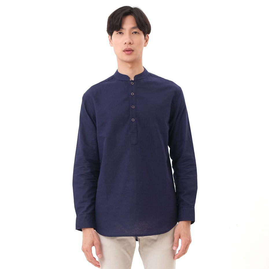SANVANINA Kemeja Lengan Panjang Pria Kerah Shanghai Slim Fit Koko Navy  E-1411G
