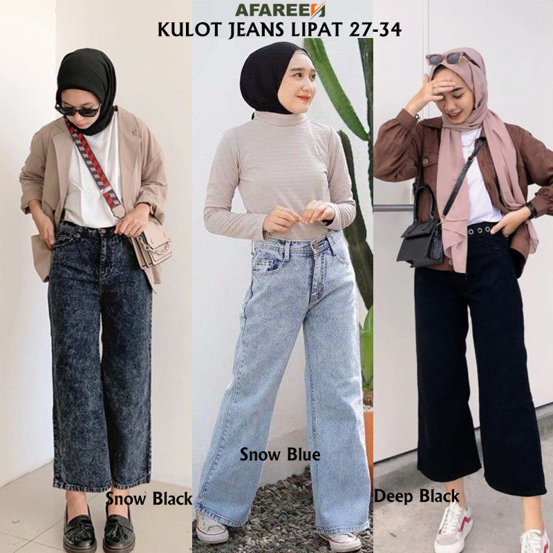 AFAREEN - Kulot Jeans Highwaist Wanita Celana Jeans Boyfriend Snow Lipat 27-34