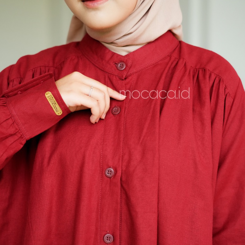 Dress gamis merah maroon Elegan Ootd Hijabers bahan katun linen rami lengan kancing casual klasik dovey