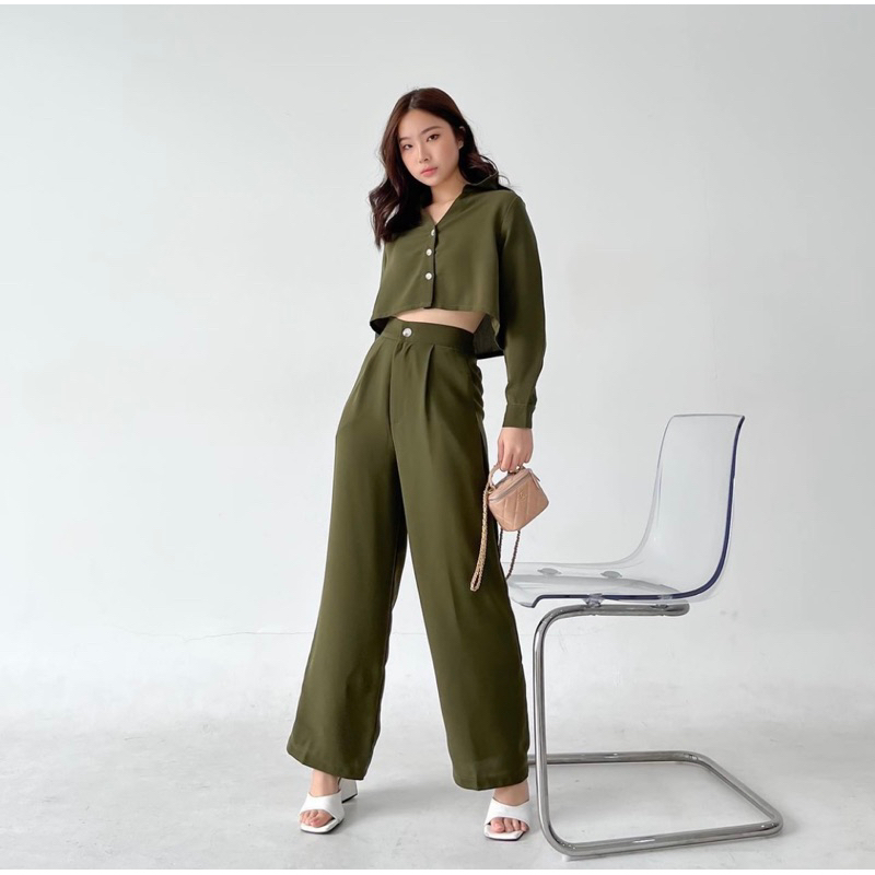 ELISA 2 IN 1 SET - SETELAN WANITA CROP BUSUI FRIENDLY KOREA ( LONG PANTS ) - PAKAIAN WANITA KANTORAN POLOS - HADIAH / KADO ULTAH CEWEK