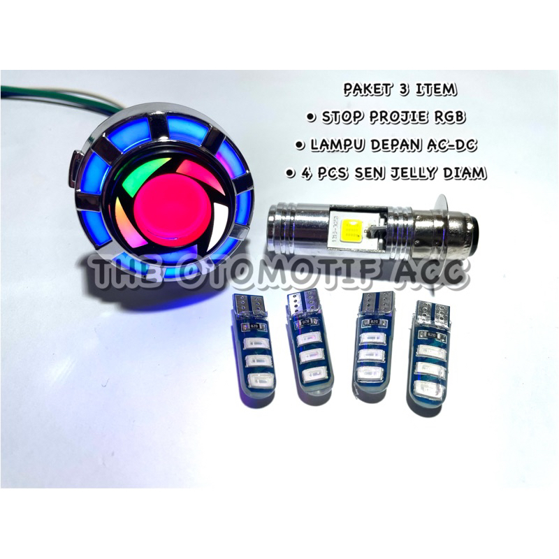 [ Paket 3 Item] Lampu Motor Lampu Stop Projie Bulat Running Plus Lampu Depan Motor H6 AC- DC + 4pcs Sein Jelly Diam