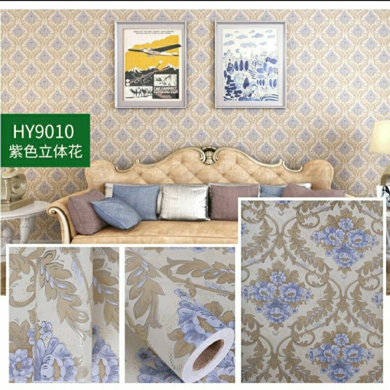 Wallpaper dinding motif batik elegan ungu cream