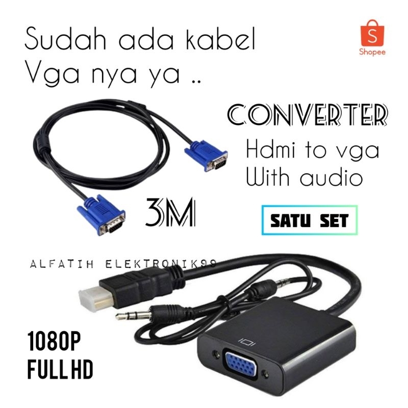 CONVERTER HDMI MALE TO VGA FEMALE WITH AUDIO CONVERTER + KABEL VGA 3 METER