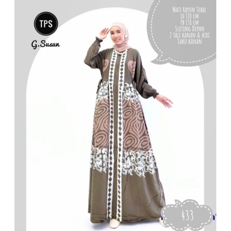Gamis Rayon Tebal Model Susun Batik Cap Handmade Busui Friendly Resleting Depan