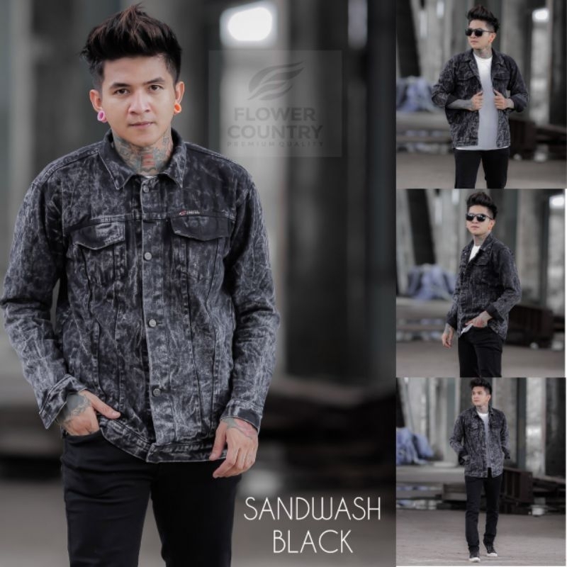 ORIGINAL FLOWER COUNTRY JAKET JEANS SANDWASH / JAKET DENIM SANDWASH / JAKET PRIA / JAKET DENIM PRIA
