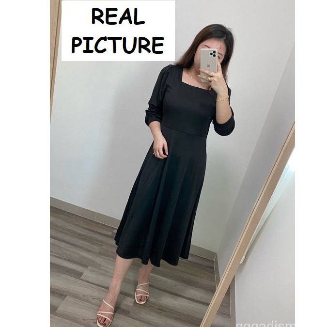 Rok Hitam Rok Vintage Panjang U Neck Party Dress Lengan Panjang Korean Dress