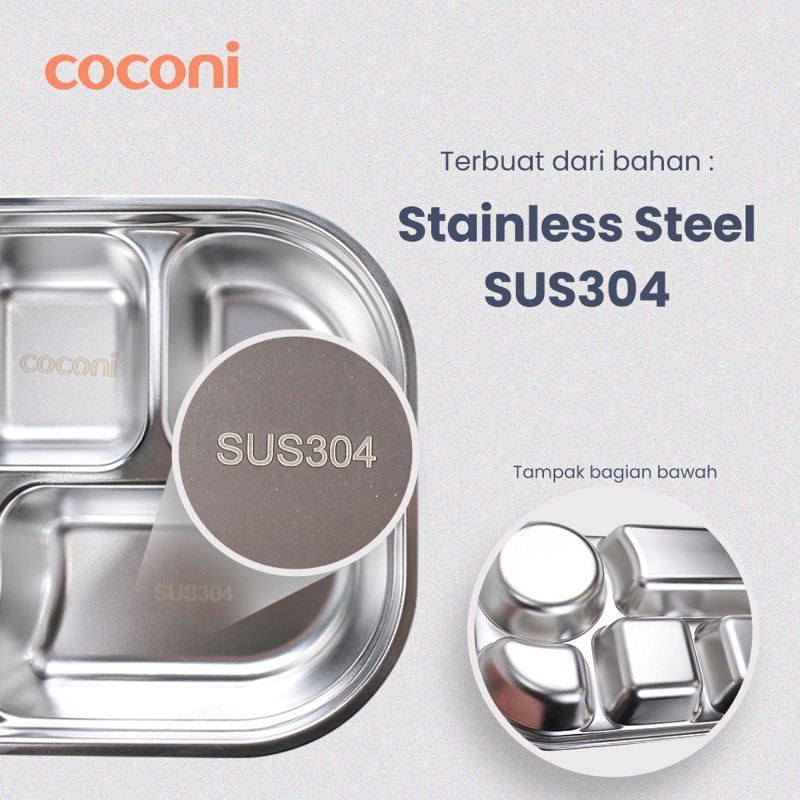 Coconi Premium Stainless Plate Food Tray with Lid Piring Sekat Anak Stainless Plate