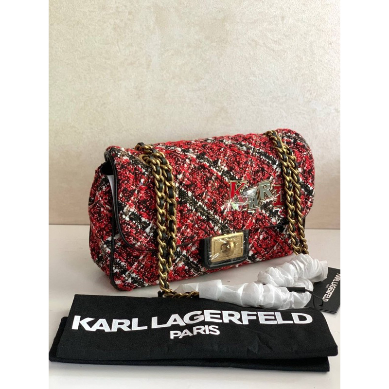tas shoulder-bag Karl Lagerfeld Flap Bag Tweed Black Karl Paris Patch  Shoulder Bag
