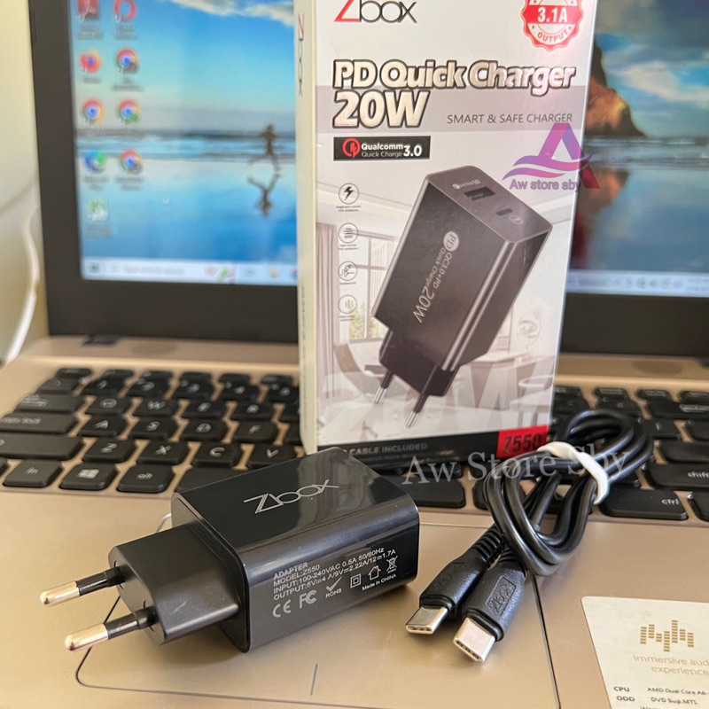 Power Charger Dual Port Usb A/ Usb C 20W PD Quick Charge 3.1A include Kabel Type C to C (20Watt Z-550)