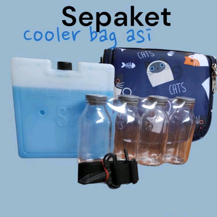 Tas Cooler bag asi - SEPAKET ( tas, botol kaca asi, ice pack gel 500 ml, tali slempang)