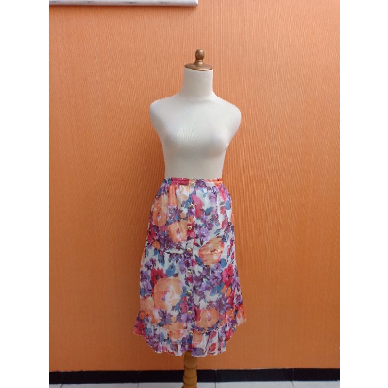 rok midi skirt wanita sifon putih bunga INGNI cewek M cute L santai XL