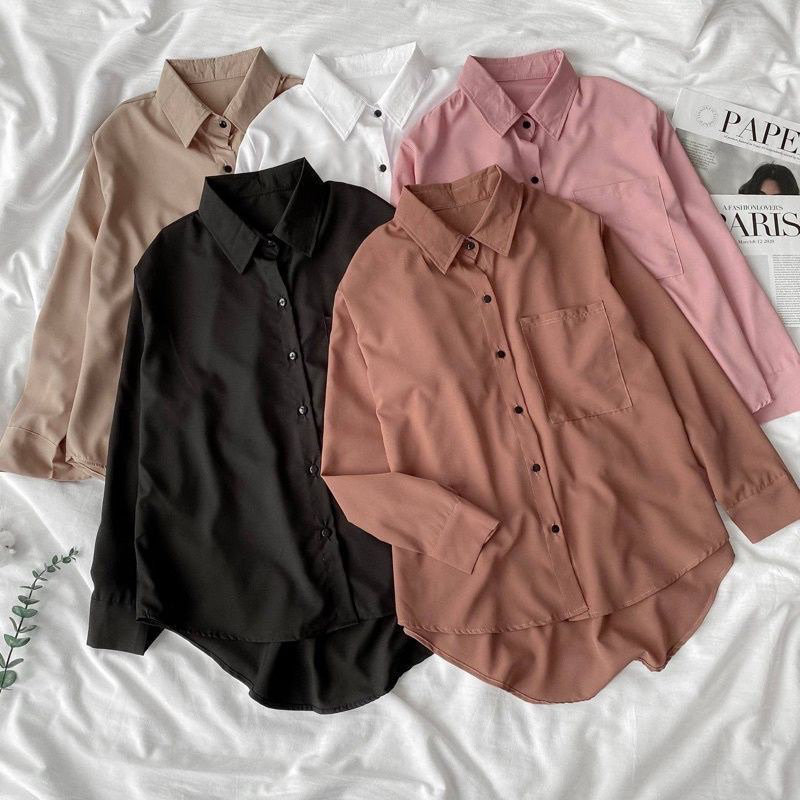 Kemeja Wanita Crinkle Oversize Shirt Poket