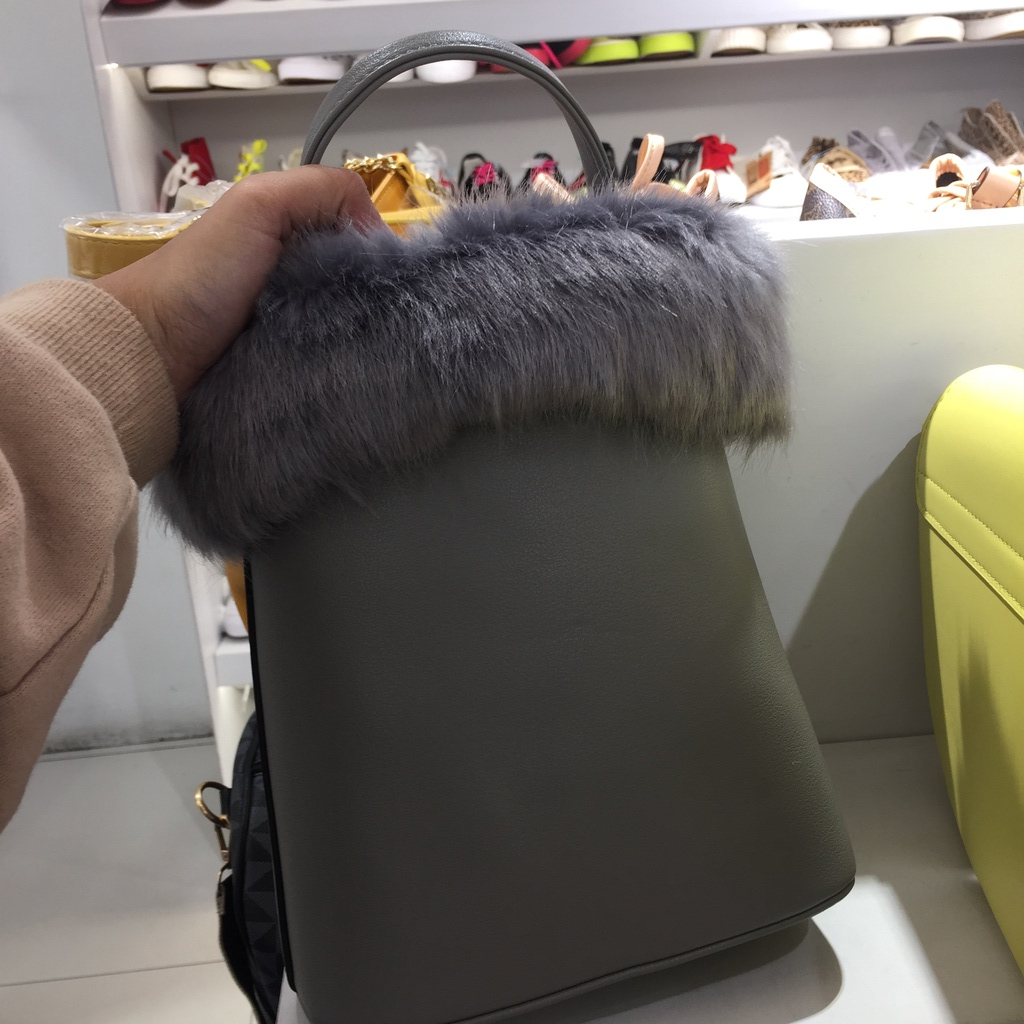 copenhagen sling bag fur grey tas bulu abu abu tabung cylinder bucket bag fury furr furry