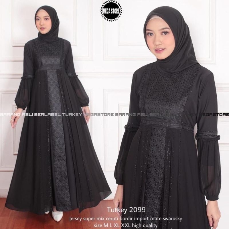 Baju Gamis Wanita Abaya Turkey Turki Hitam 2099 Dress Dres Jubah Hitam Ori Megastore