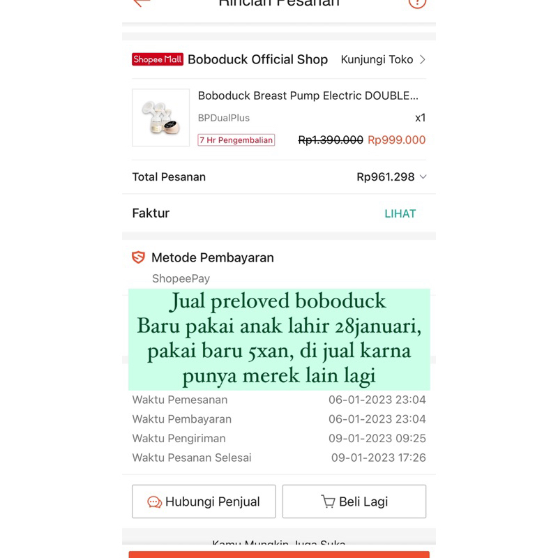 preloved boboduck breast pump pompa asi