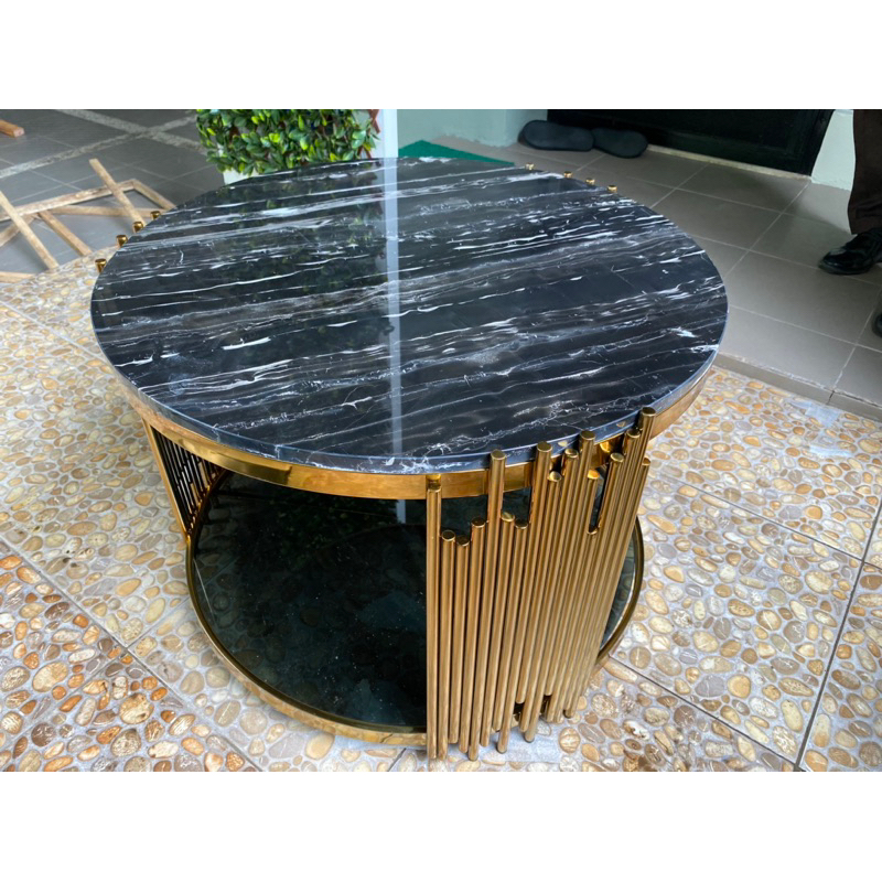 meja bundar stenlis + marmer
