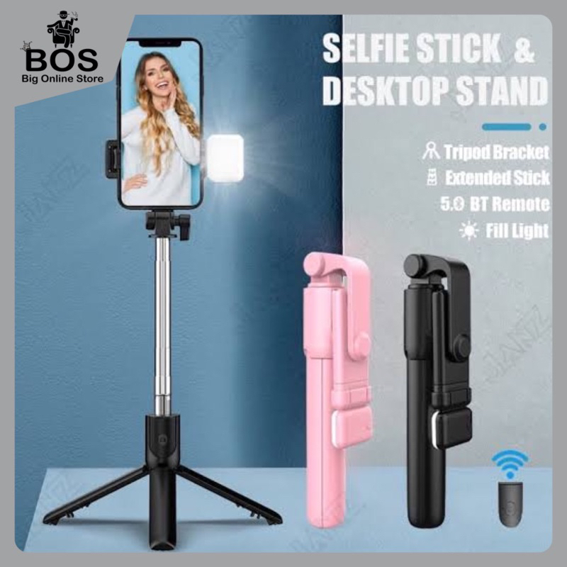 BOS - TONGSIS TRIPOD BLUETOOTH R1S LED 4 IN 1 / SELFIE STICK 4IN1 WITH REMOTE SHUTTER PLUS LAMPU FLASH