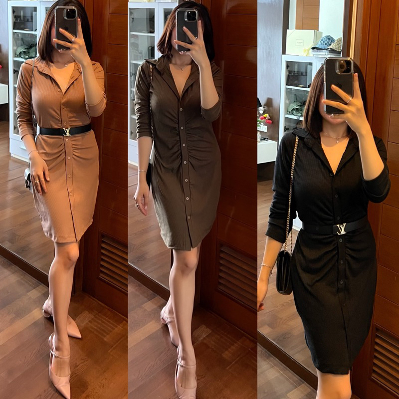 DRESS KNIT SUMMER STYLE LONG SLEEVE PAKAIAN WANITA  KNIT BAJU KERUT DEPAN DRESS HANG OUT KEREN