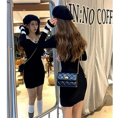 [Premium] Long Sleeve Mini Dress V Neck  Knit Dress  7540