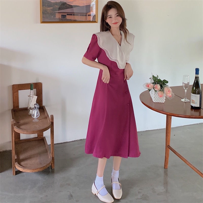 D2-199 Korean vintage dress lengan pendek / Gaun Midi manis bentuk A line