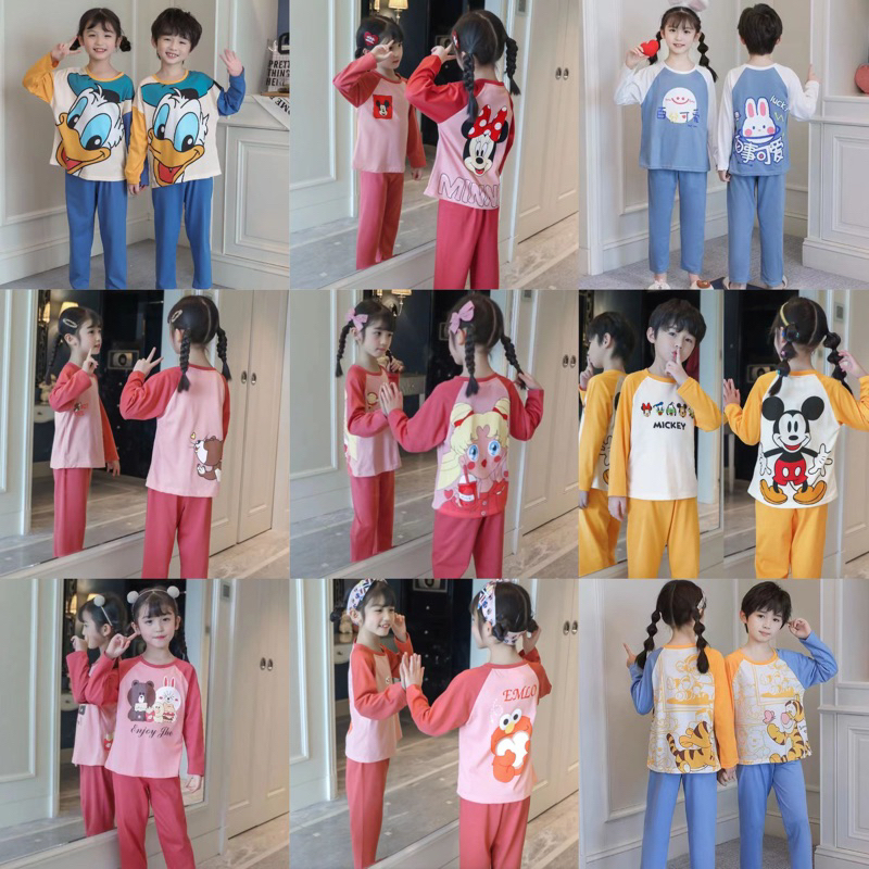BAJU TIDUR ANAK UNISEX COWOK CEWEK SETELAN CELANA PANJANG BAJU PANJANG UMUR 3-10THN KAOS KATUN IMPORT PREMIUM MOTIF TERBARU