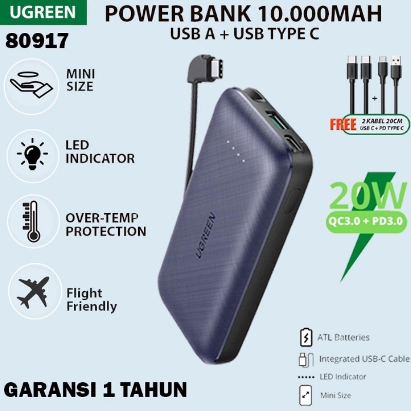 UGREEN POWER BANK 10.000mAh Wing PD with Type C Cable 20W fast Charger