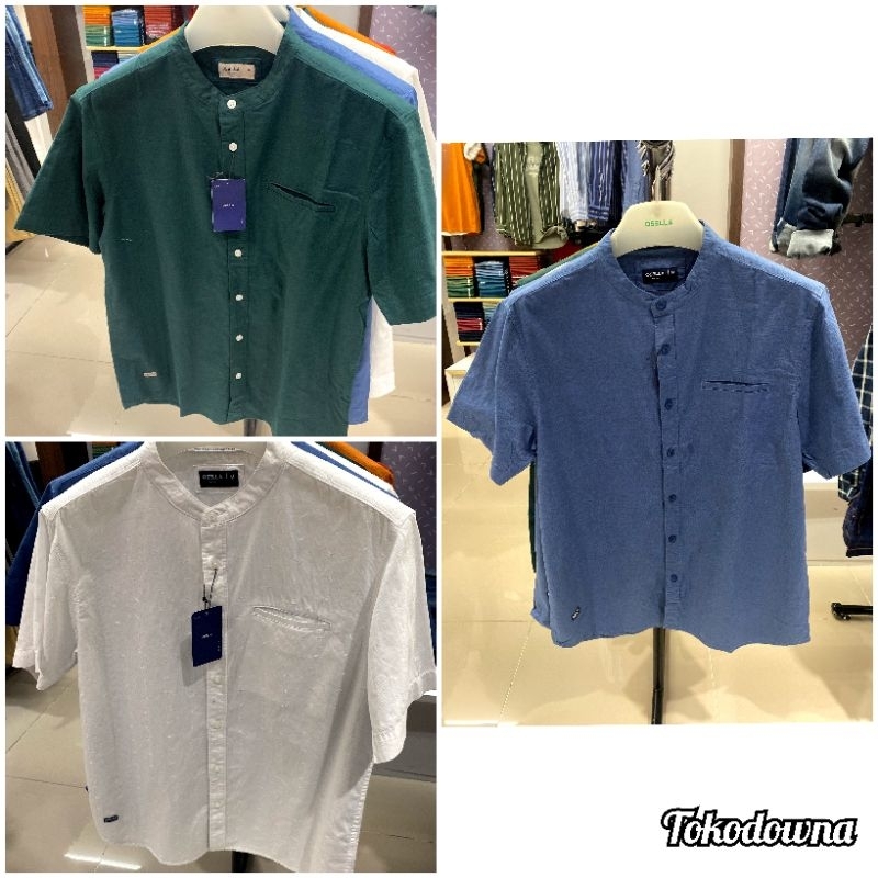 kemeja kolo polos pria kerah sanghai lengan pendek OSELLA