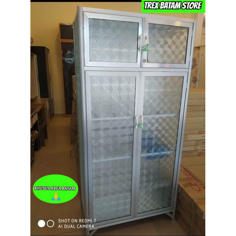 LEMARI RAK PIRING 2PINTU ALUMINIUM  KACA POLOS FULL BOX (BATAM)