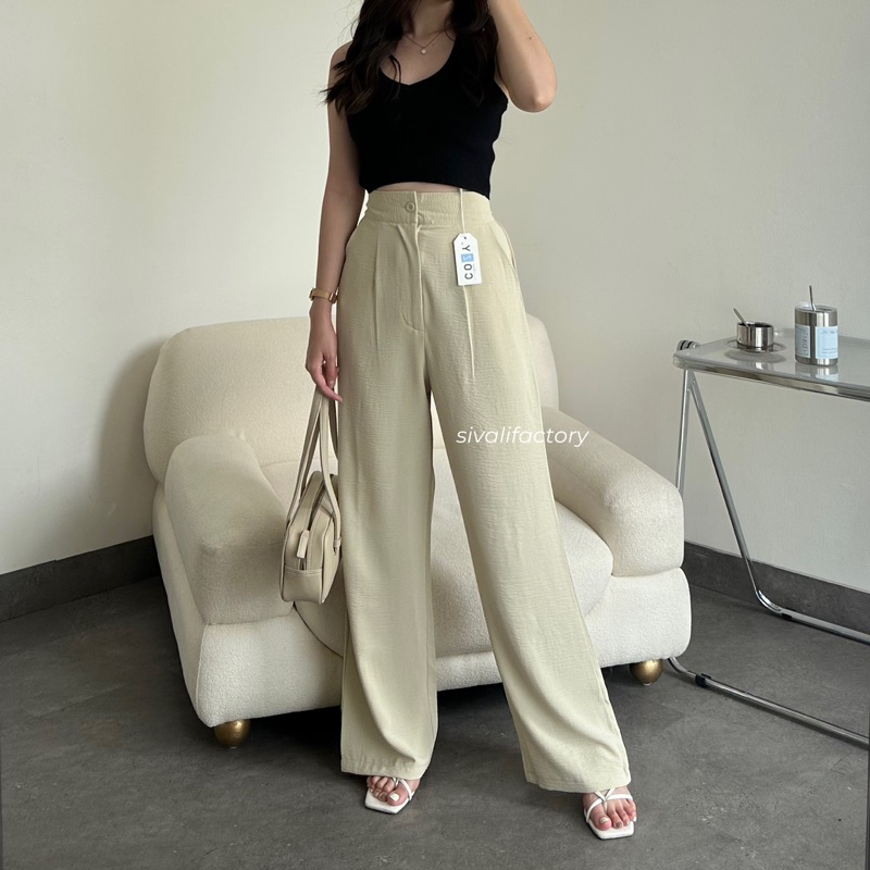 SIVALI Elodie Pants - Celana Kulot Highwaist Crinkle Loose Cullote Pants Petite Friendly Cozy Office Pants - Celana Wanita Kantor Casual 2023