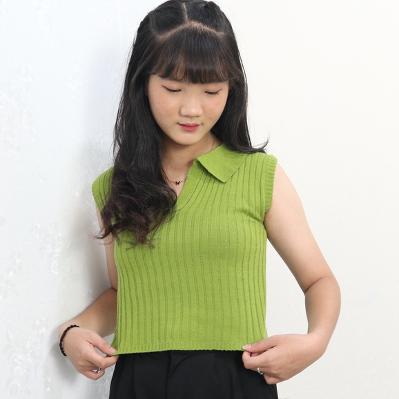 PREMIUM-Atasan Kerah Buntung polo Rajut  / Korean Vneck Crop Top Blouse / Polo T-Shirt Atasan Wanita