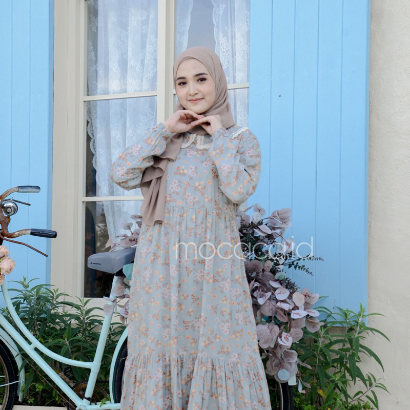 Gamis rumahan renda depan busui rayon premium - motif shabby green pastel