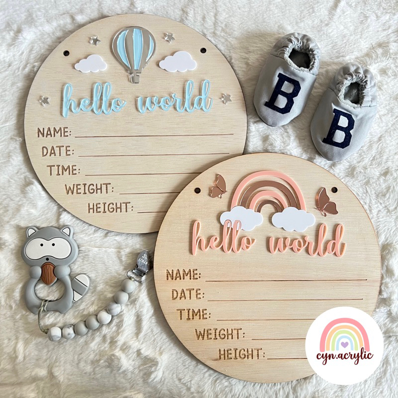 (READY STOCK) HELLO WORLD HOSPITAL BOARD PLYWOOD PREMIUM MEWAH BABY NAME NEWBORN PROPERTI FOTO