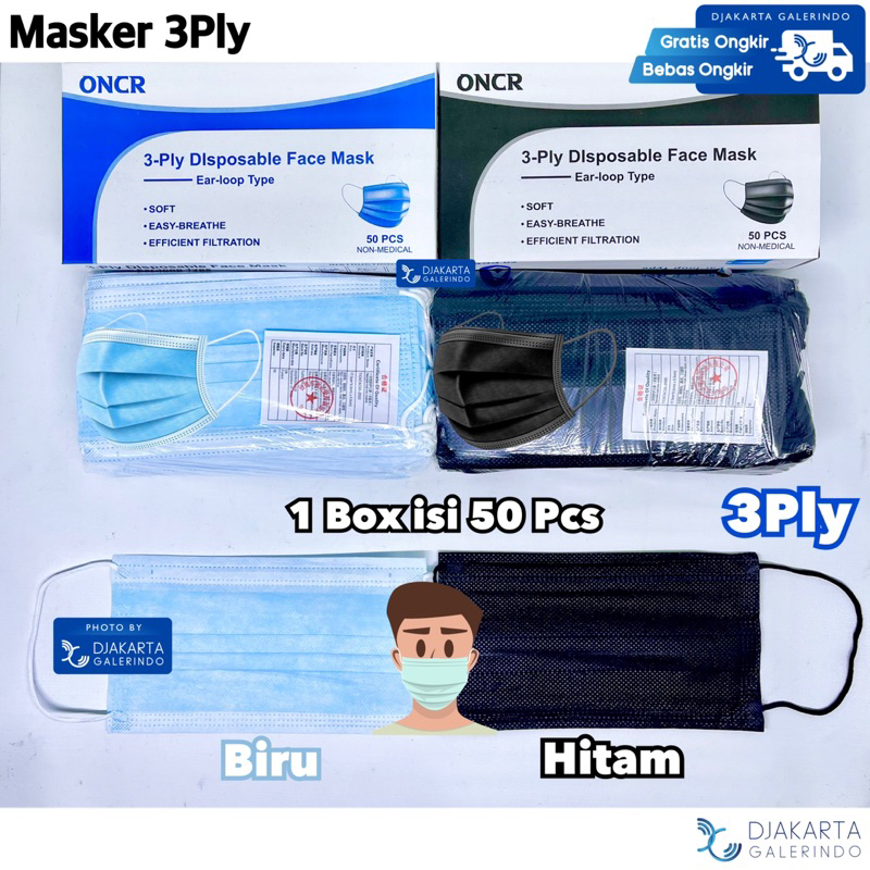 Masker Earloop Hitam Premium 3Ply Original isi 50Pcs