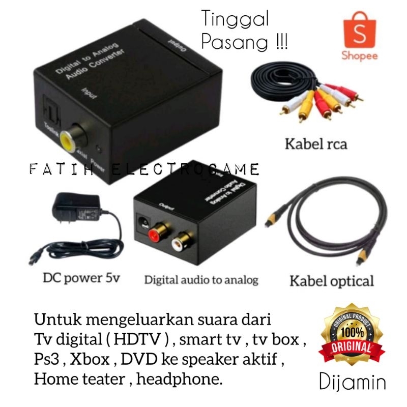 [ PAKET KOMPLIT ] Audio converter digital to analog + Kabel optik audio tv + Kabel RCA 3in3 / Conver