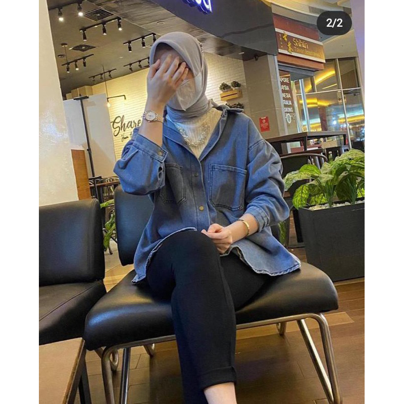 Tamstore Kemeja Oversize Wanita Jeans Atasan Kemeja Denim Lengan Panjang Ootd Kekinian