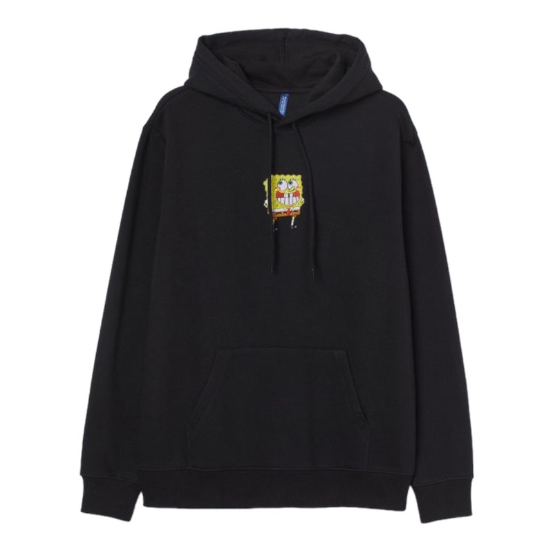 ( 8.8 ) Hoodie H&amp;M Unisex Bordir Spongebob Black Hitam, Flecee Katun Lembut Tebal, Free Papperbag