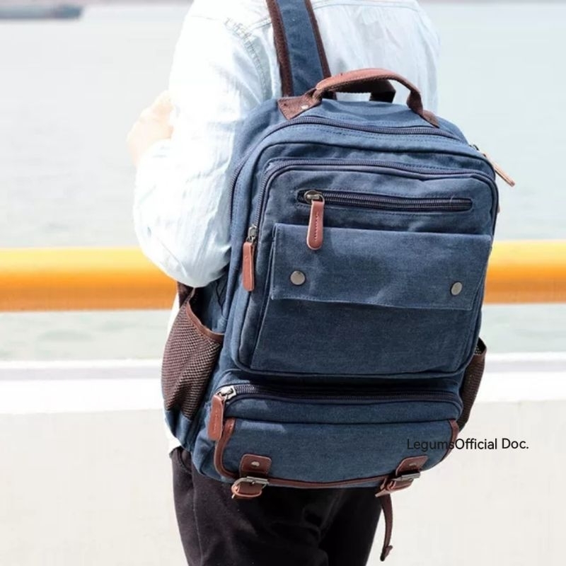 Backpack Dewasa Ransel Kanvas Vezel klasik Ransel Punggung Pria Tas Laptop 14 Inch Coklat