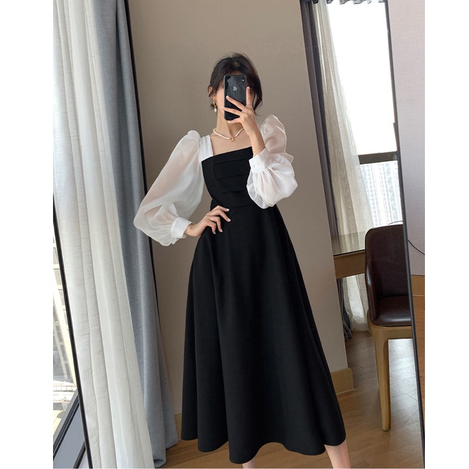 Korea Dress Maxi A-line Lengan Panjang Hitam Vintage Fashion Kekinian Wanita