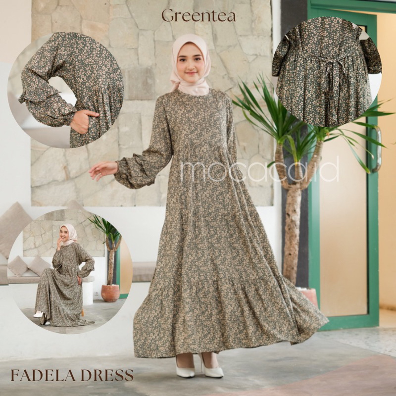 gamis ootd hari raya simple fadela dress busui friendly ada tali pinggang saku lengan karet lengan balon remple - hijau sage greentea