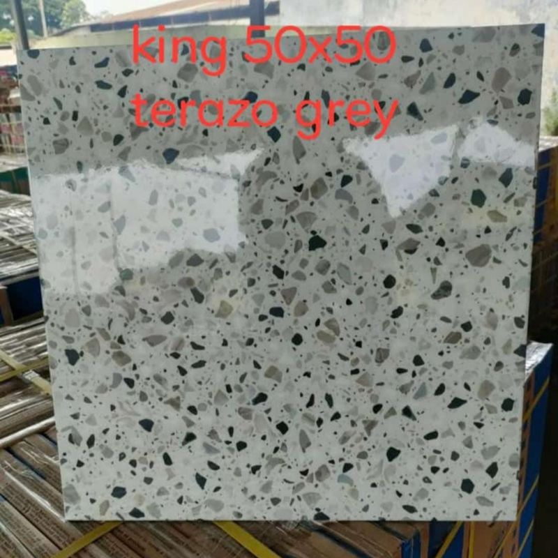 {ONGKIR DILUAR APLIKASI} Keramik Lantai Glossy 50x50 TERAZZO GREY KING